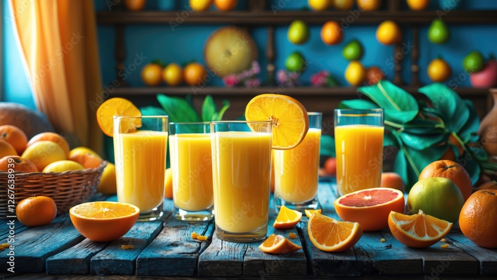 Poster freshly squeezed orange juice in glasses surrounded by lush fruits on a rustic wooden table with dec