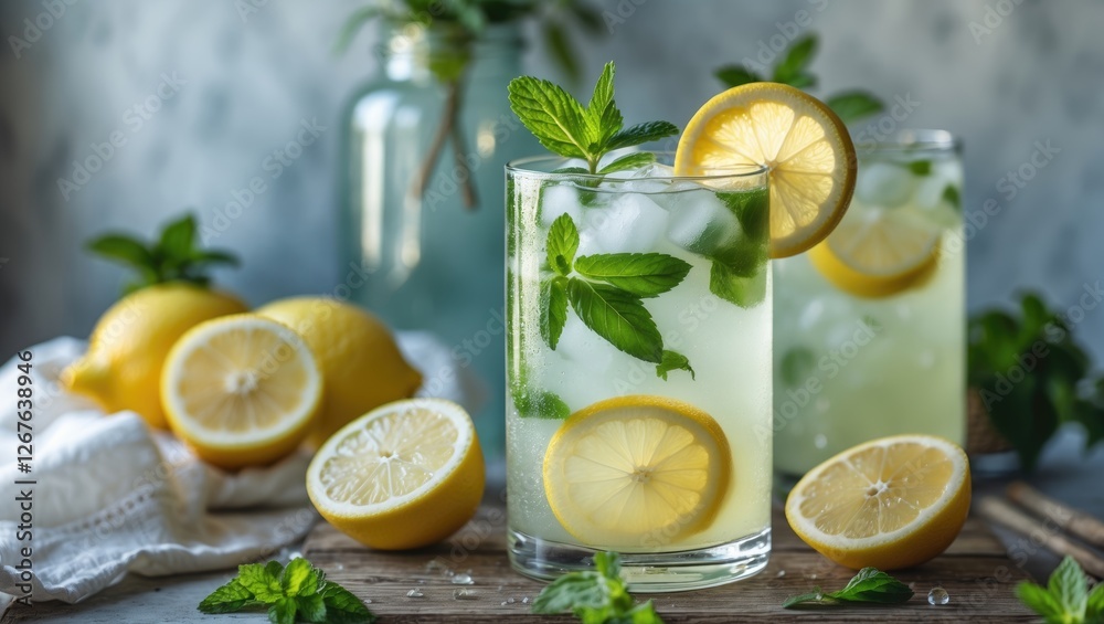 Poster refreshing homemade lemonade with lemon slices and mint garnish on a summer day with fresh ingredien