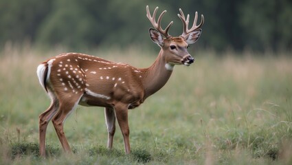 Wild Male Deer in Natural Habitat Grazing on Grass with Room for Text Overlay in Lush Green Pasture Background