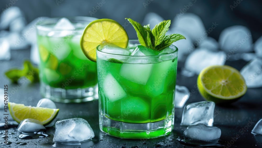 Poster refreshing green beverage in glass with ice and garnish of mint and lime on dark background
