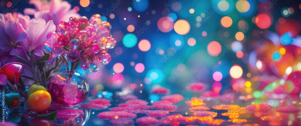 Wall mural vibrant multicolored bokeh background with floral elements and sparkling decorations creating a drea
