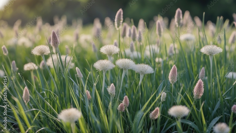Poster Delicate Grass Flowers in a Sunlit Meadow with Soft Focus and Empty Space for Your Text or Design Needs