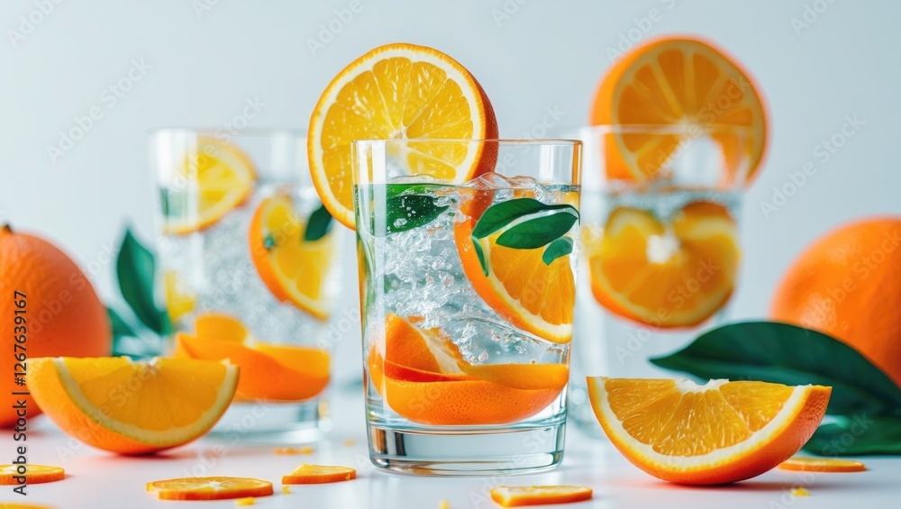Aufkleber Refreshing Citrus Infused Water With Orange Slices In Glasses On A Bright Background With Empty Space For Text