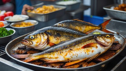 Grilled Fish Platter at Street Food Stall with Fresh Ingredients and Blank Space for Marketing Text