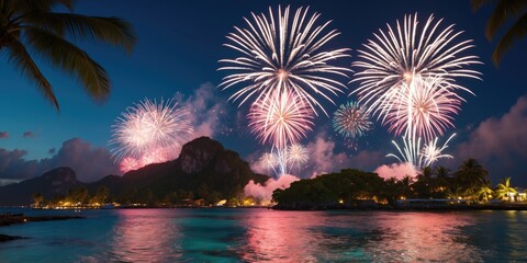 Tropical Island Celebration with Colorful Fireworks Lighting Up the Night Sky and Space for Text Overlay