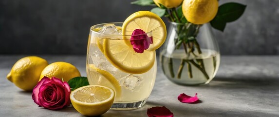 Refreshing lemonade in a glass adorned with lemon slices and rose petals beside fresh lemons and a floral vase on a textured gray background.