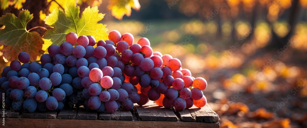 Poster autumn grapes on wooden table with natural light and empty space for creative text or marketing copy
