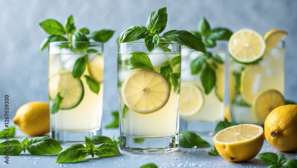 Poster refreshing basil lemonade with slices of lemon in elegant glasses surrounded by fresh ingredients on