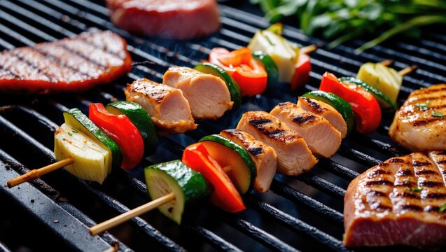 Grilled Vegetable and Meat Skewers with Chicken and Pork on BBQ Grill Delicious Summer Meal with Copy Space for Text or Promotions