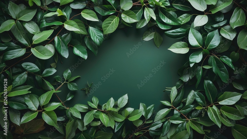 Poster Lush Green Leaf Background with Abundant Foliage Framing an Empty Space Ideal for Text or Graphic Insertions