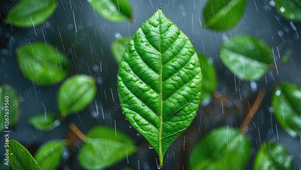 Poster Raindrops on Green Leaf with Background Foliage in a Refreshing Nature Setting