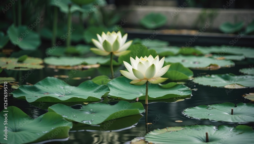 Poster peaceful water pool with green lotus flowers surrounded by lush leaves and empty space for text or b