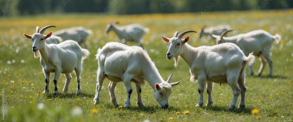 Poster Goats Grazing in a Sunny Meadow Surrounded by Wildflowers with Space for Text Overlay in a Serene Summer Landscape