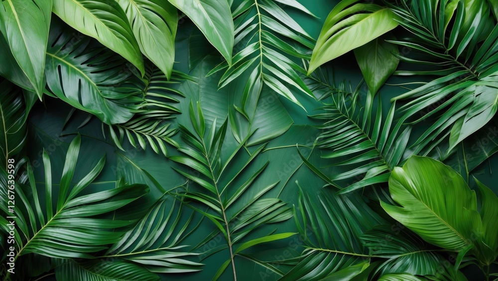 Poster lush green tropical leaves background with varied textures ideal for nature themed designs and creat