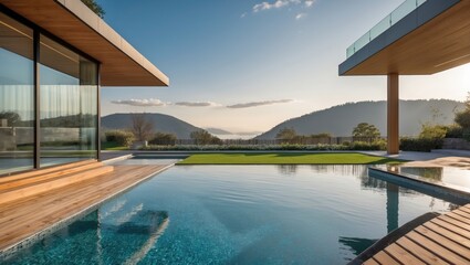 Contemporary luxury pool and wooden terrace with scenic landscape and clear sky showcasing modern architecture and serene outdoor living.