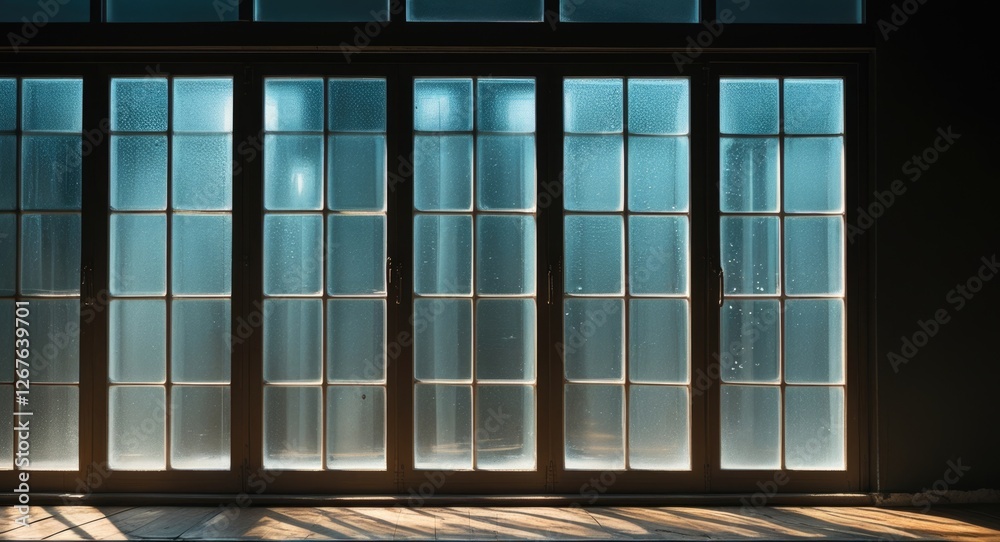 Leinwandbilder elegant glass windows illuminated on a dark wall creating a serene atmosphere with soft light reflec
