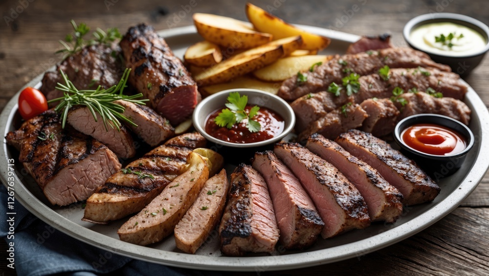 Poster assorted grilled meat platter served with crispy potato wedges and a variety of sauces on a rustic w