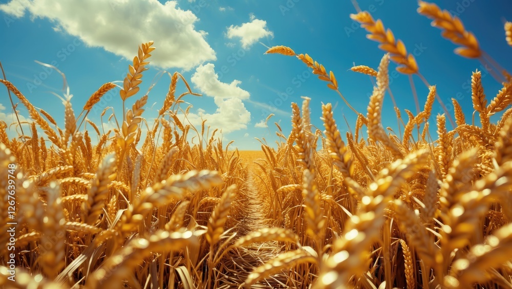 Poster golden wheat field under blue sky with wispy clouds and space for text overlay