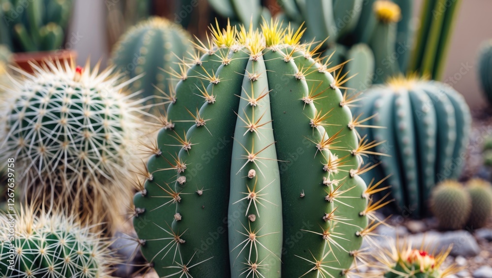 Poster vibrant green cactus surrounded by various succulents in a desert garden setting with sharp thorns a