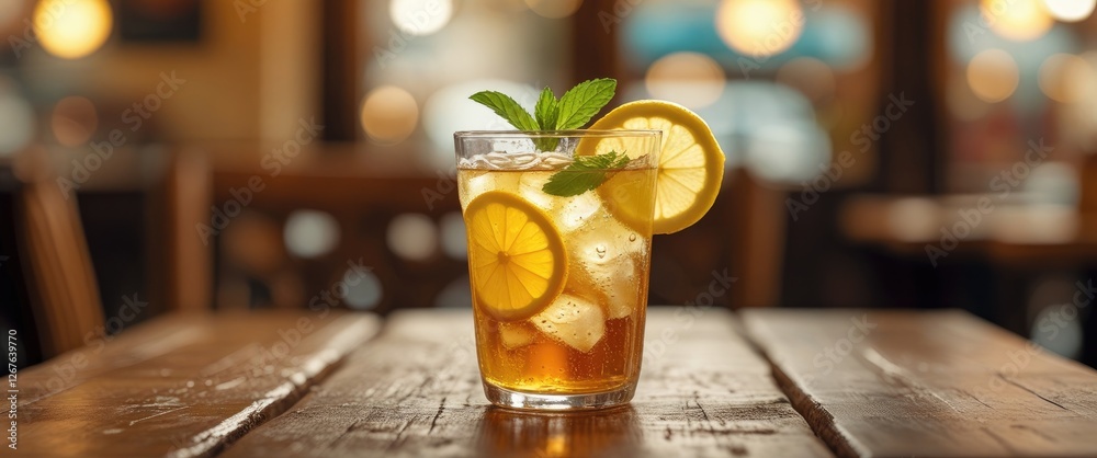 Aufkleber Iced tea with lemon and mint garnish on a wooden table in a cafe setting with blurred background and ample copy space for text.