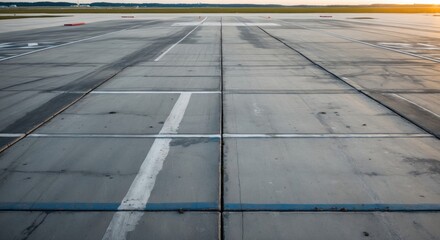 Gray concrete pavement on an airstrip with visible lines and markings under soft sunset lighting showcasing aviation infrastructure.