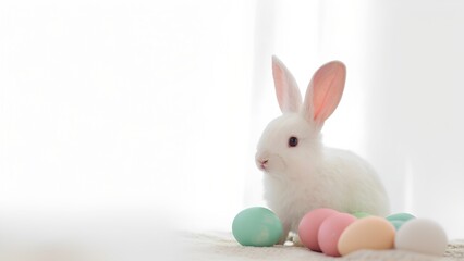 Obraz premium White rabbit on a pink background, symbol of Easter and spring