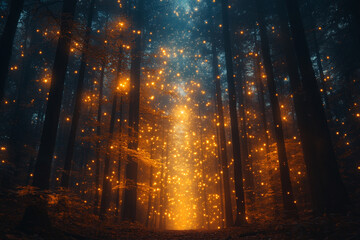 Enchanted woodland with mystical fireflies illuminating the darkness