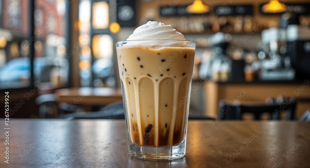 Poster iced coffee drink with cream on table in cozy cafe setting with warm lighting and inviting atmospher