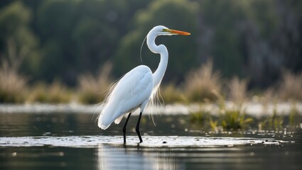 Great White Egret Standing Gracefully in Calm Water Surrounded by Lush Greenery with Space for Text Overlay