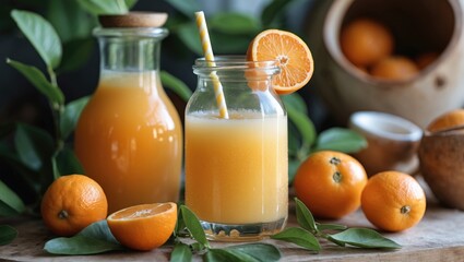 Refreshing Citrus Beverages with Fresh Orange Juice and Kumquats Surrounded by Vibrant Fruits and Green Leaves