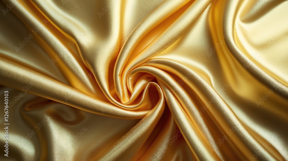 Poster Luxurious golden satin fabric texture with smooth ripples creating an elegant abstract background perfect for design and styling projects.