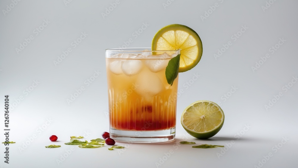 Poster refreshing cocktail with ice garnished with lime slice and mint on white background ideal for bevera