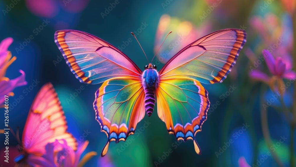 Aufkleber vibrant macro shot of a gossamer-winged butterfly surrounded by colorful flowers in a dreamlike sett