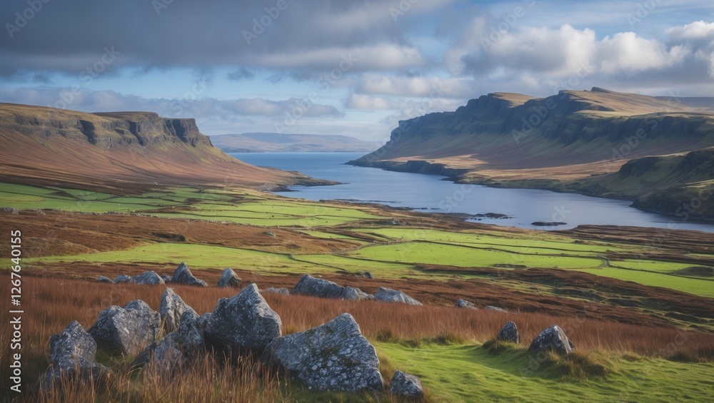Poster breathtaking panoramic view of isle of skye with rolling hills and serene water landscape under a cl