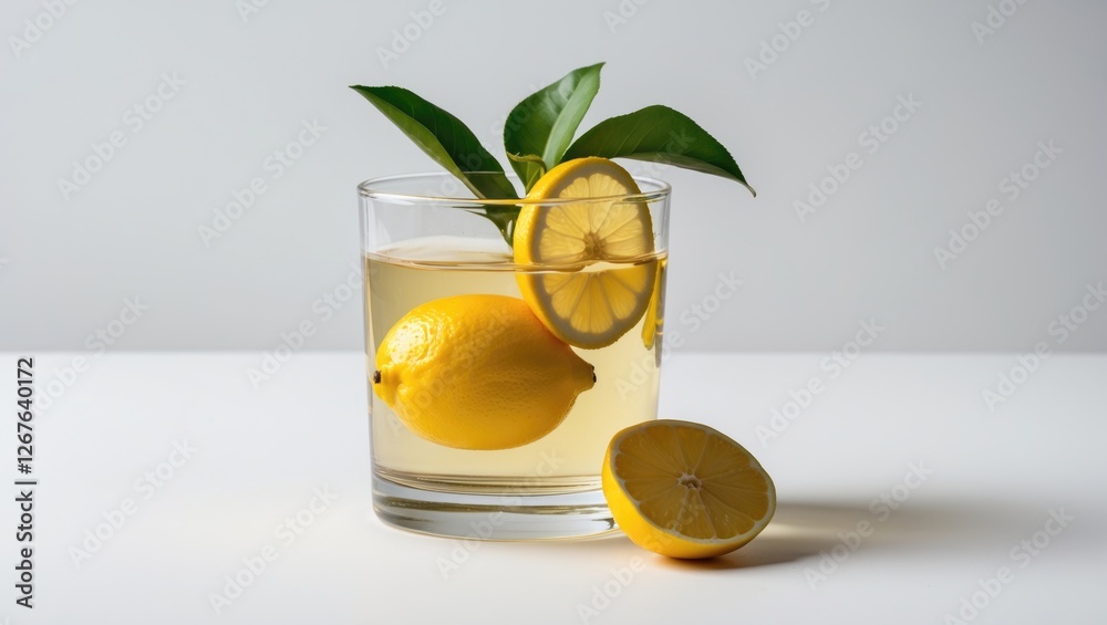 Poster Refreshing lemonade in a glass with lemon slices and greenery isolated on white background perfect for summer beverage promotions.