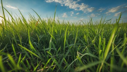 Naklejka premium Vibrant Green Grass with Blue Sky and Wispy Clouds in a Serene Natural Landscape Background