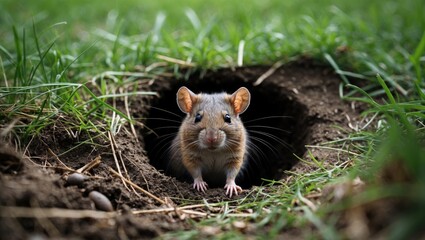 Curious Rodent Emerging from Burrow Hole Surrounded by Lush Green Grass in a Natural Park Setting