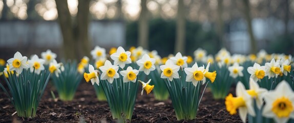 Obraz premium Vibrant Daffodil Flowerbed in Selective Focus with Natural Background and Copy Space for Text in Springtime Garden Setting