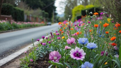 Vibrant Wildflowers Bloom Alongside a Quiet Road with Lush Greenery and Space for Text Placement in a Garden Setting