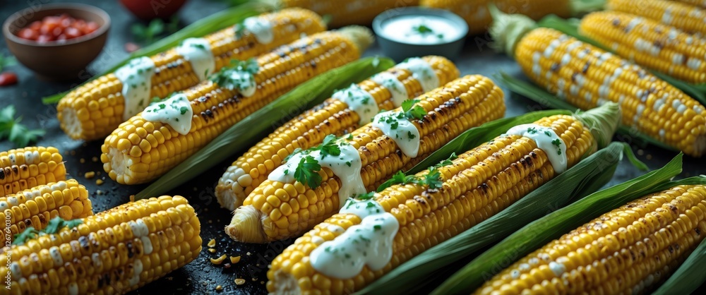 Aufkleber grilled corn on the cob with white sauce and herbs healthy vegetarian dish with empty space for text
