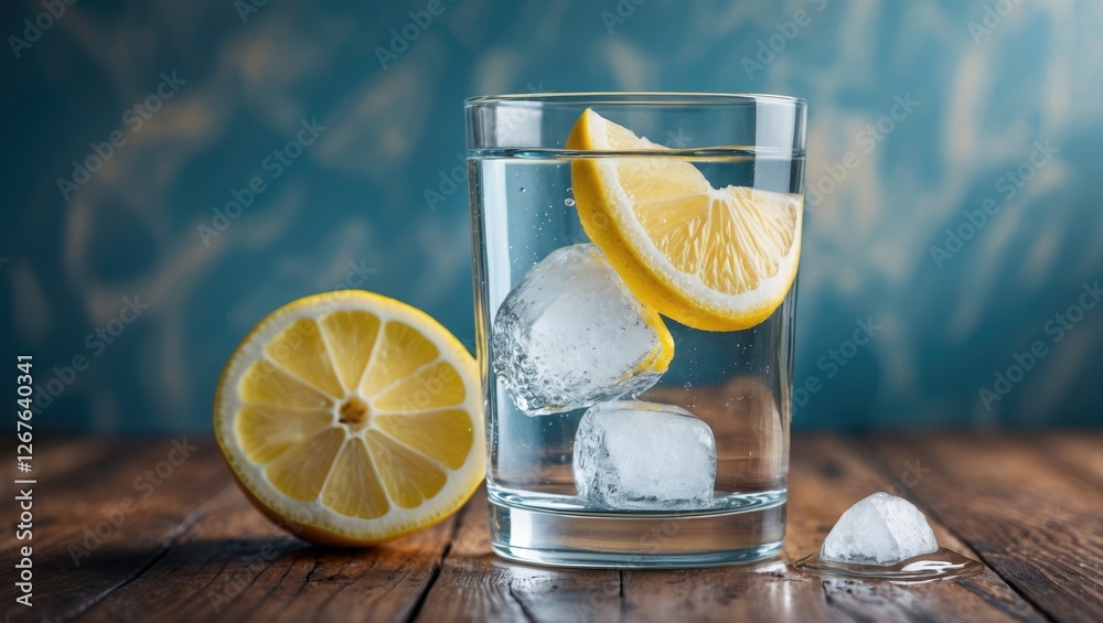 Aufkleber refreshing cold water with ice and lemon slices in a glass on a rustic wooden table with a blue back
