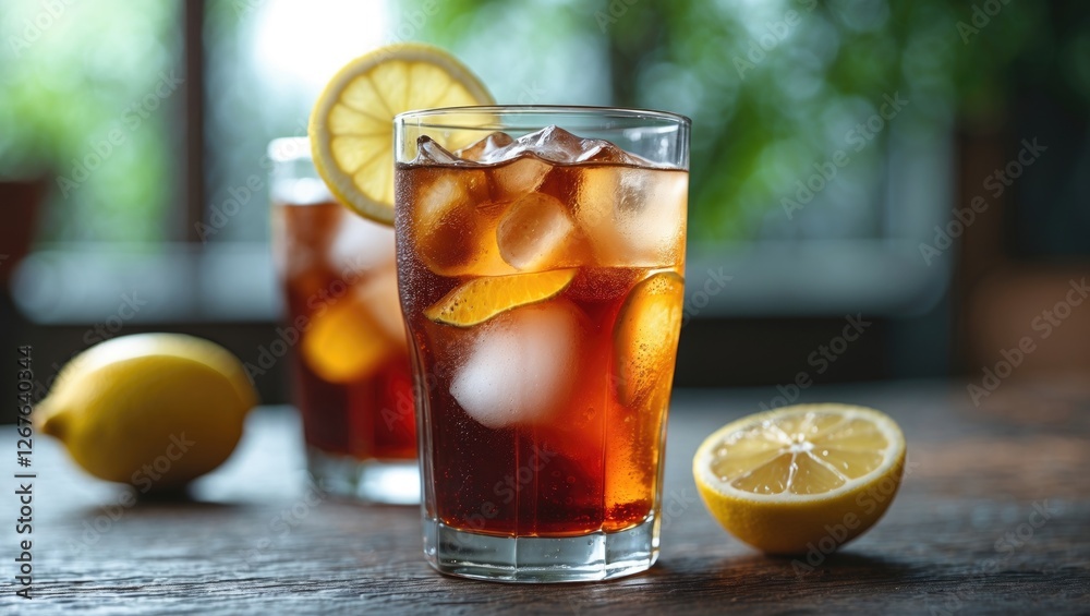 Poster refreshing iced tea with lemon slices in a glass, showcasing chilled drink on a rustic wooden table 