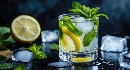 Refreshing Lemon Mint Cocktail with Ice in a Glass Garnished with Fresh Mint on Dark Background
