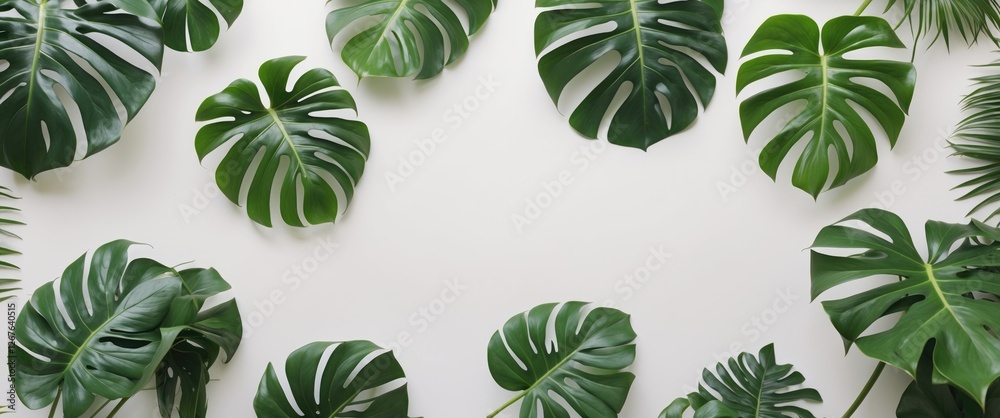 Leinwandbilder Monstera Leaf Arrangement on White Background with Space for Custom Text and Design Elements for Tropical or Botanical Themes
