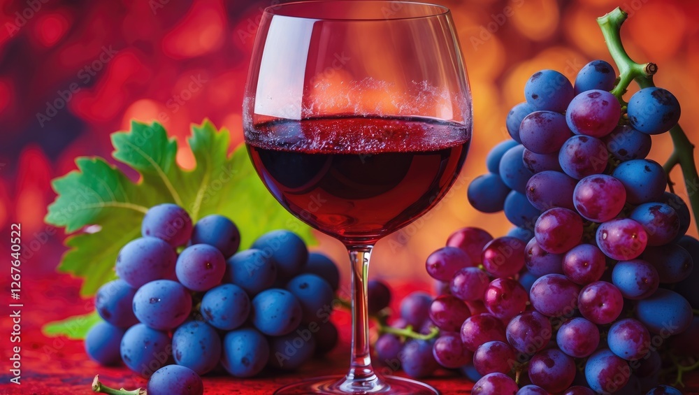 Poster elegant glass of red wine surrounded by fresh ripe grapes with vibrant background and space for text