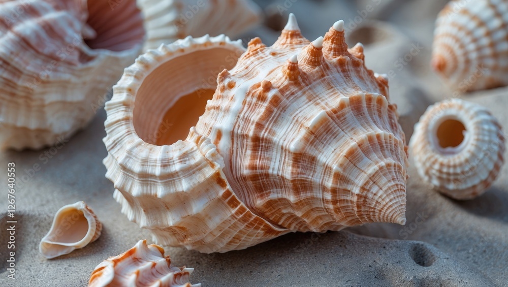 Aufkleber giant conch shell cluster closeup on sandy beach with text space for advertising or design purposes