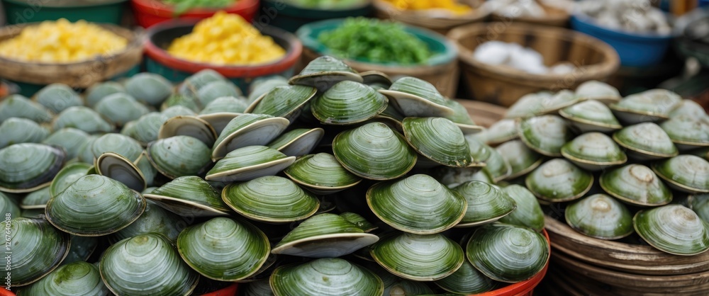 Poster Fresh Green Clams Displayed in Market Baskets with Colorful Produce in Background and Empty Space for Promotional Text