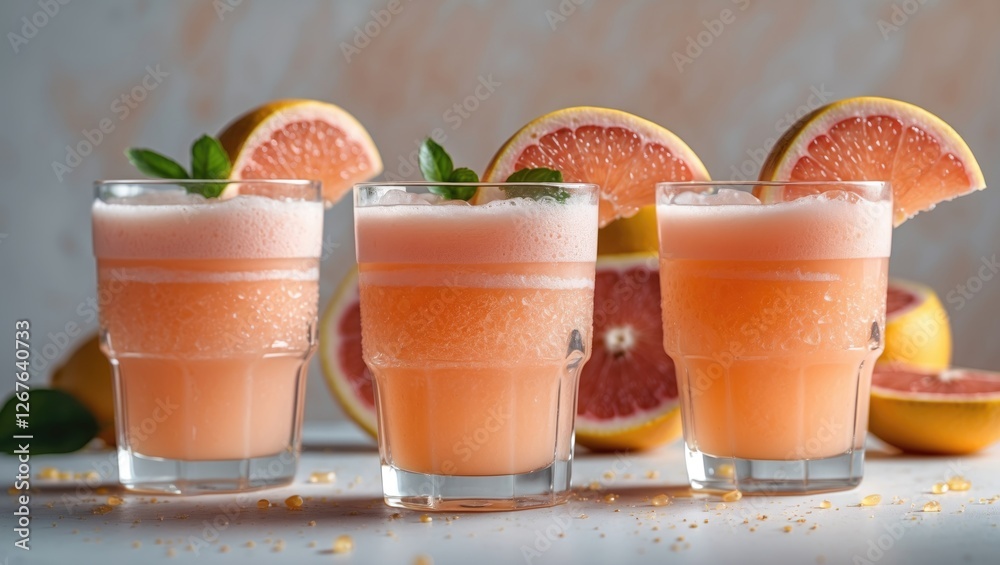 Poster fresh grapefruit juice served in glasses with mint garnish and citrus slices on a light background