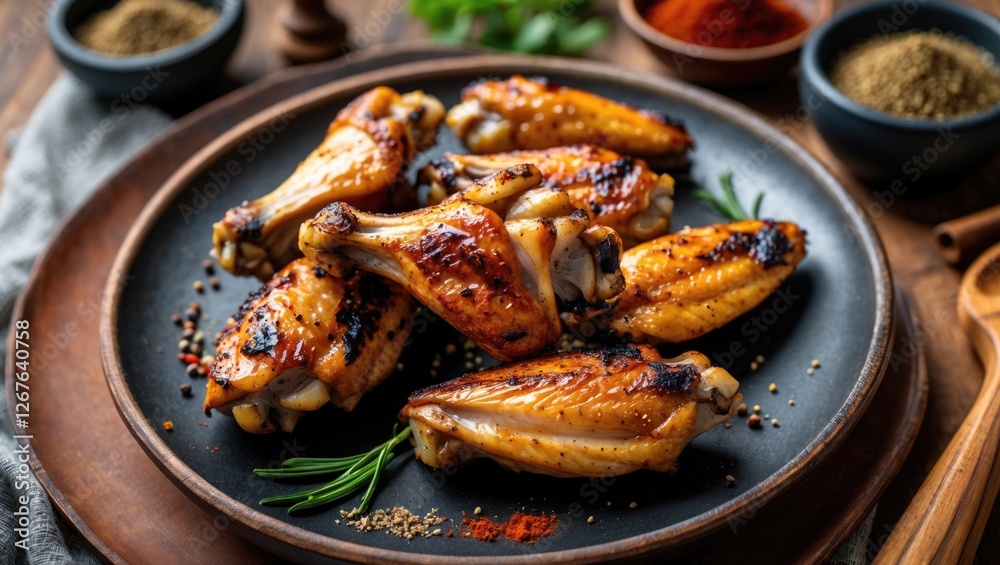 Aufkleber Grilled Chicken Wings Garnished with Spices on a Plate with Empty Space for Text Featured in a Rustic Kitchen Setting