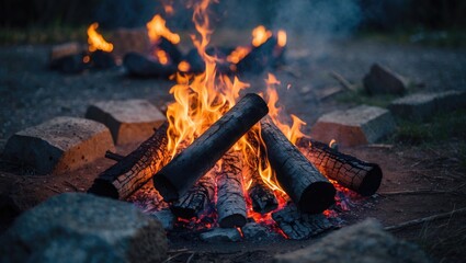 Campfire at Nature Retreat with Glowing Flames and Charred Logs Surrounded by Stones for Textual Overlay